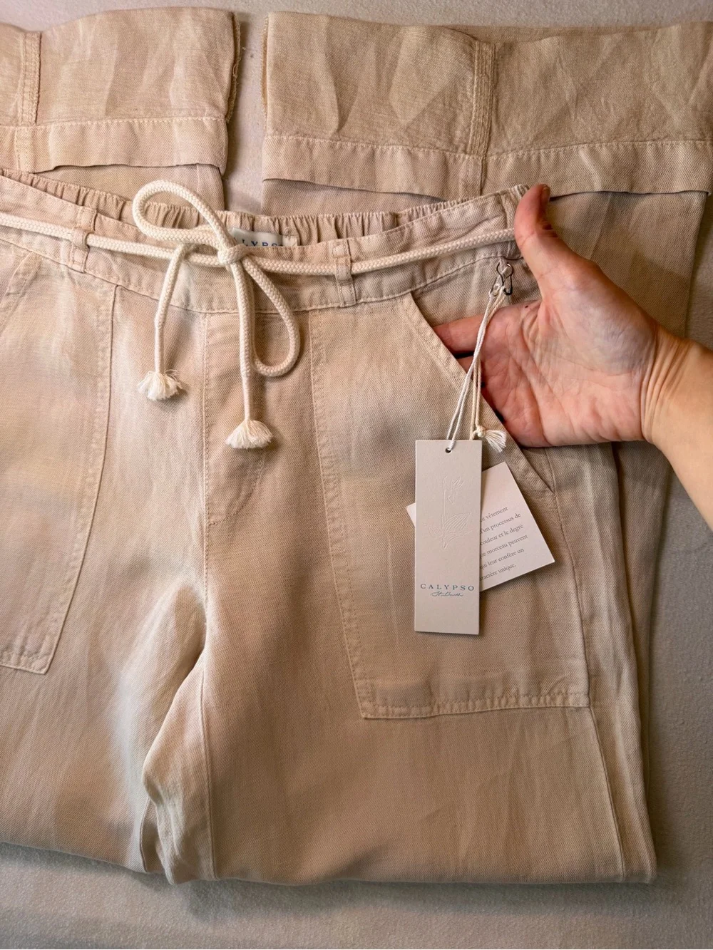 Calypso St Barth Relaxed Drawstring Wide-Leg Women's Capris in Cream/taupe